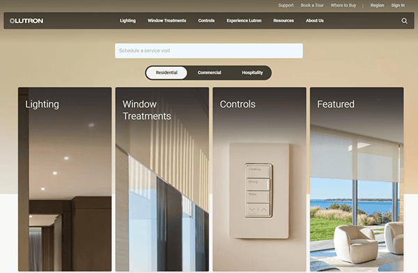 A Smart Home website homepage displays categories for Lighting, Window Treatments, Controls, and Featured, with images and a service visit scheduling bar at the top—your gateway to the best smart home solutions.