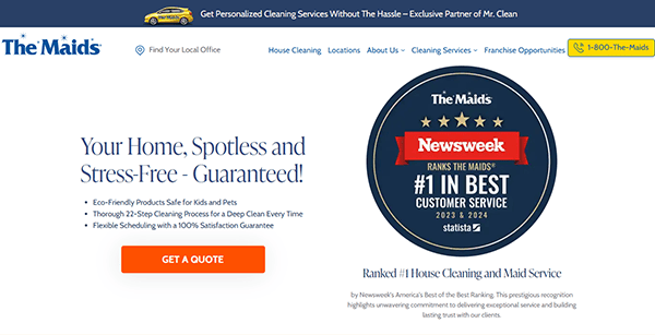 Homepage of The Maids cleaning service, a leading local service company, proudly showcasing their Newsweek award for #1 in customer service. Easily find locations, get a quote, and explore eco-friendly cleaning options all on one of the best local service websites.