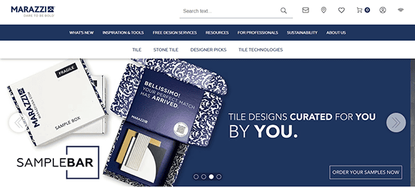 Marazzi website homepage showcasing tile sample kits, navigation menu, and promotional text about curated tile designs and sample ordering—representing one of the top tile websites in the industry.