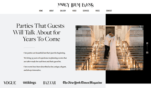 Screenshot of one of the best wedding planner websites featuring a bride and groom on stairs, site navigation links, descriptive text about event planning, and logos of media outlets.