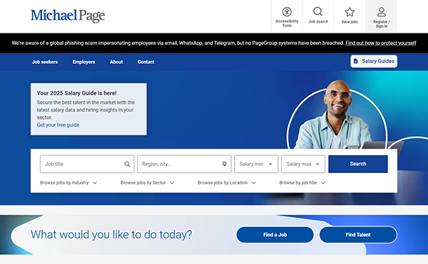 Screenshot of the Michael Page homepage, one of the top recruiting sites, displaying job search filters, menu options, a smiling person on a blue background, and notices about a phishing scam and the 2025 Salary Guide.