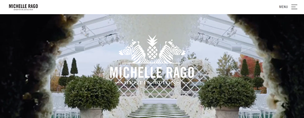 Website homepage for Michelle Rago Destinations, a best wedding planner, featuring elegant event decor at the top and a city skyline with water below, highlighting services: about, services, and portfolio.