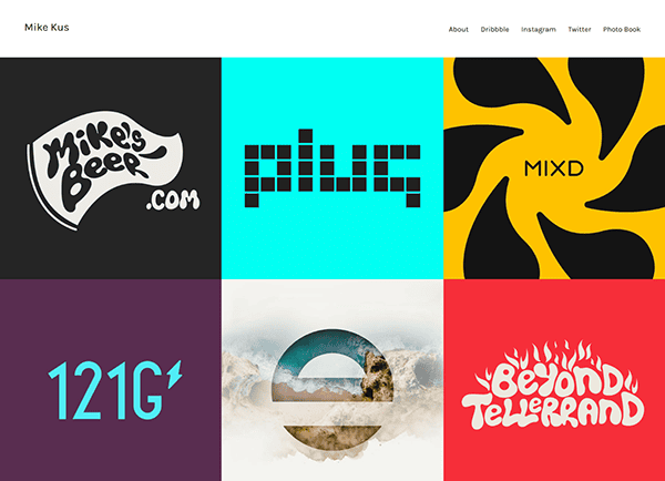 A grid of six colorful graphic logo designs displayed on a minimalist personal portfolio website, featuring a white header with navigation links and the name "Mike Kus.