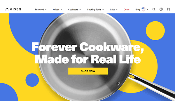 A stainless steel frying pan is displayed on a blue and yellow background with the text "Forever Cookware, Made for Real Life." Perfect for any small business kitchen. "Shop Now" button included.