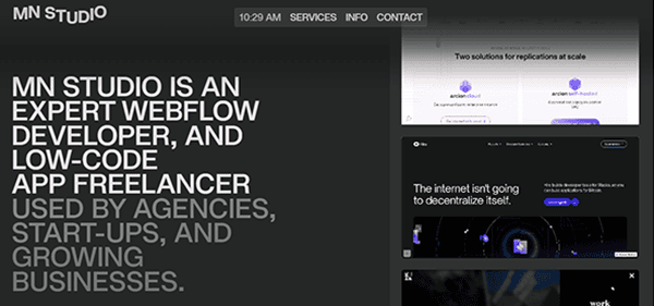 Screenshot of MN Studio’s website showcasing their services as expert Webflow developer and low-code app freelancer for agencies, start-ups, and businesses—an inspiring addition to the best portfolio websites, with navigation links at the top.