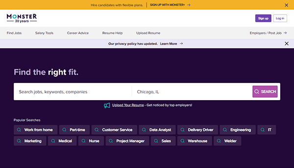 Screenshot of the Monster job search homepage, one of the top recruiting sites, featuring a search bar for jobs, location input, and popular job search categories below.