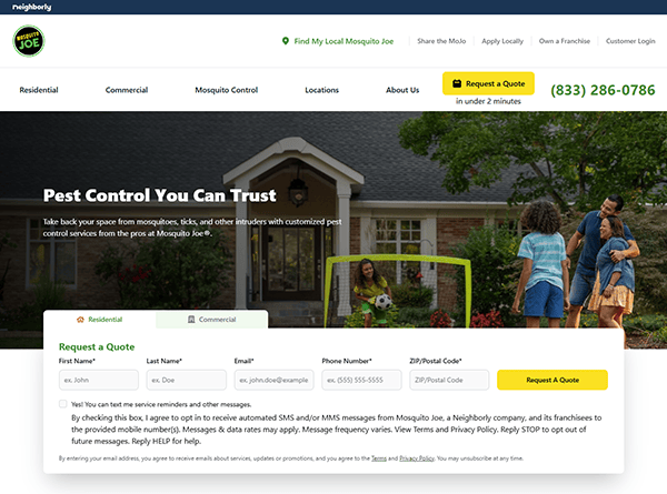A family stands outside their home as a pest control service website overlay appears, featuring a contact form, request a quote button, and phone number for Mosquito Joe. This local service company website makes it easy to keep your surroundings mosquito-free.