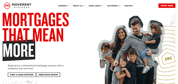 A family of five poses and smiles together beside bold red text, “Mortgages That Mean More,” featured on one of the best mortgage websites' homepages.