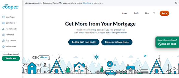 Homepage of Mr. Cooper mortgage website—one of the top mortgage websites—featuring loan options, easy navigation, a partnership announcement with Rocket Mortgage, plus tools for getting cash from equity or buying/selling a home.