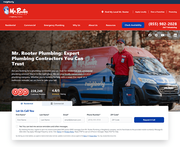Screenshot of Mr. Rooter Plumbing's website, one of the best local service company websites, showing a plumber with a toolbox in front of their van. The site includes contact details, customer reviews, and a convenient form for service requests.