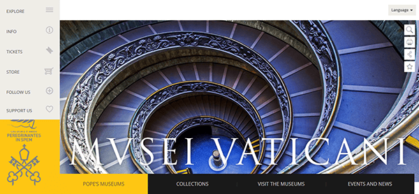 Screenshot of the Vatican Museums website homepage featuring a spiral staircase, with navigation menus on the left and bottom—an inspiring example of museum website design.