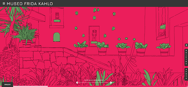 Computer-illustrated view of the Museo Frida Kahlo courtyard, featured on top museum websites, highlights potted plants, a staircase, and framed art with a bright pink and green filter.