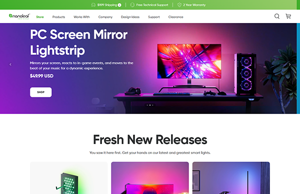 A website homepage displays a vibrant PC setup with colorful LED lights, promoting a "PC Screen Mirror Lightstrip" for $49.99, plus a section highlighting the Best Smart Home product releases—perfect inspiration for top Smart Home Websites.