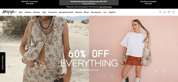 Split-screen image shows two women modeling outfits; text overlay reads "60% OFF EVERYTHING* Exclusive Selected Lines" on Nasty Gal's homepage—perfect for fans of vintage clothing and trendy styles.