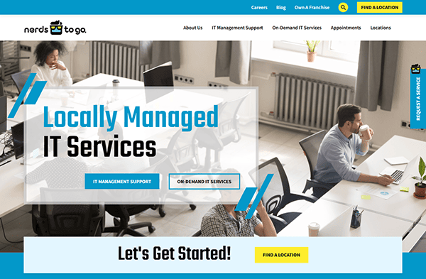 Office workspace with people at desks. "Locally Managed IT Services" text on a transparent overlay, featuring options for IT management and laptop repair services. Discover the best laptop repair websites and click "Let's Get Started!" to explore more.