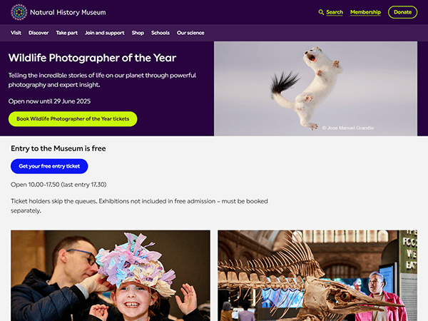 Screenshot of the Natural History Museum website showing a weasel mid-leap, highlighting its engaging museum website design, with details about the Wildlife Photographer of the Year exhibition and museum entry information.