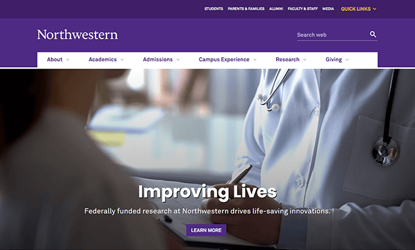 Close-up of two people in lab coats talking, with the Northwestern University website header and a banner about research improving lives—an example of how top school websites highlight academic impact.