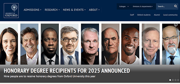 A banner shows nine individuals' headshots side by side with the text: "Honorary degree recipients for 2025 announced" on the University of Oxford website, featured among the best school websites for its distinguished announcements.
