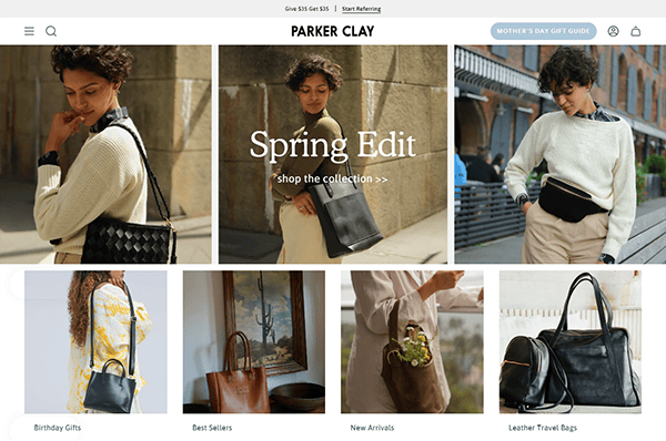 A website homepage, designed with small business web design in mind, displays a "Spring Edit" banner featuring women modeling handbags and sections for Birthday Gifts, Best Sellers, New Arrivals, and Leather Travel Bags.