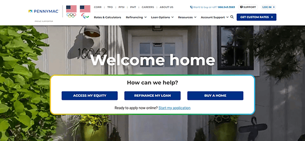 Screenshot of PennyMac’s homepage, one of the best mortgage websites, featuring their logo, a welcome message, options to access equity, refinance a loan or buy a home, plus navigation links and a visible contact number.