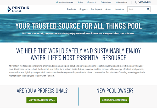 Screenshot of the Pentair Pool website homepage featuring a blue banner with the text "Your Trusted Source for All Things Pool" and showcasing Pool Website Design tailored for professionals and new pool owners.