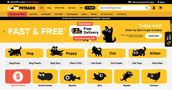 Screenshot of the Petbarn website homepage, showcasing pet categories, a special offers banner, and a navigation menu—exemplifying one of the best pet shop websites for dog, cat, bird, fish, reptile, and other pet supplies.