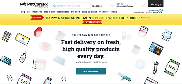 Screenshot of the PetCareRx homepage, a great example of pet shop website design, featuring a 30% off promotion on pet supplies and a central banner offering fast delivery on fresh pet products.