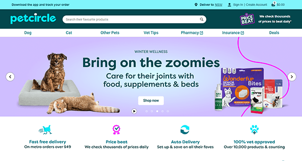 Screenshot of the PetCircle homepage, one of the best pet websites, featuring a winter pet wellness banner with a dog, cat, and pet supplements, plus navigation links and delivery info.