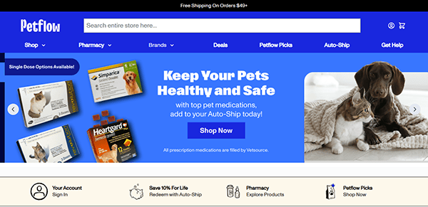 Petflow website homepage showcasing top pet medications, a cat and dog cuddling, and convenient shopping, pharmacy, and autoship services—making it one of the best Pet Shop Websites for all your furry friend's needs.