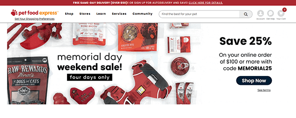 Pet Food Express Memorial Day weekend sale banner promoting 25% off orders of $100+ with code MEMORIAL25; discover pet products and treats featured on the left—perfect for those browsing the best pet shop websites.