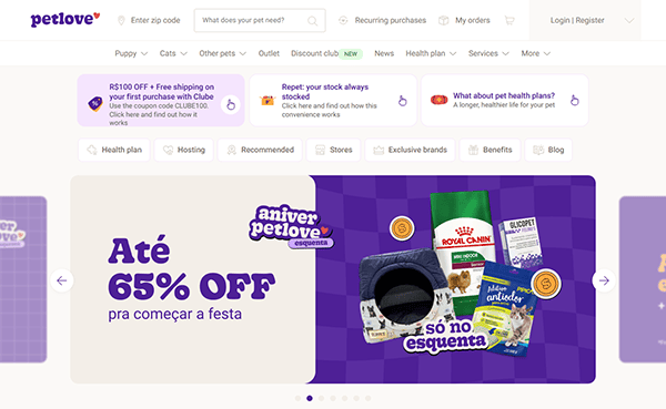 Screenshot of the Petlove website homepage, one of the best pet shop websites, featuring a banner with up to 65% off on pet products and navigation menus for shop categories and health plans.