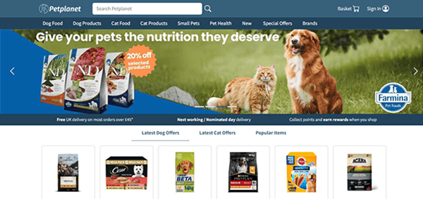 Screenshot of an online pet store homepage featuring a banner for pet food offers, navigation menu, and product listings for dog food—perfect inspiration for those seeking the best pet shops or designing standout pet store websites.