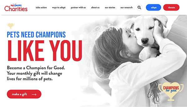 A girl kisses a dog, promoting a charity campaign inspired by pet adoption websites that encourages monthly donations to help pets. The text reads: "PETS NEED CHAMPIONS LIKE YOU.