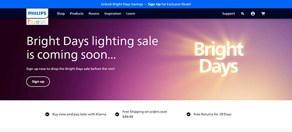 Screenshot of a Philips Hue website banner on one of the best Smart Home websites, announcing an upcoming "Bright Days" lighting sale with a sign-up button and promotional offers below.