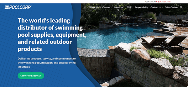 A website homepage showcasing a backyard pool with stone walls and landscaping, featuring text about Poolcorp as a leading distributor of swimming pool and outdoor products and offering inspiration for pool builder websites.