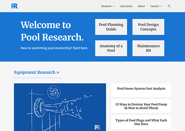 Screenshot of a website homepage titled "Pool Research" featuring navigation links, guides on pool topics, an illustration of pool equipment, and resources to help you find the best pool builder.