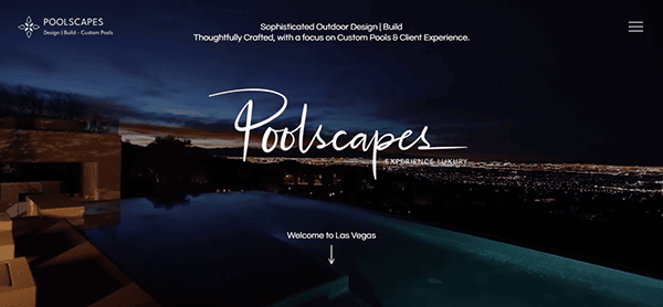 Infinity pool overlooking a cityscape at dusk with "Poolscapes" and tagline text overlay, promoting custom outdoor pool design services—perfect inspiration for the best pool builder websites.