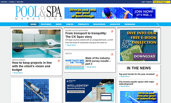 Screenshot of the Pool & Spa Marketing website homepage featuring news articles, expert advice for pool builder websites, advertisements, and navigation links at the top.