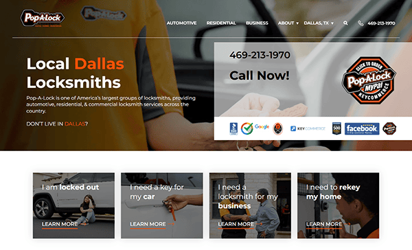 Screenshot of a locksmith website showcasing contact information and service options such as car, business, and home lockouts, all perfectly optimized for Local Service SEO. Plus, you'll find their affiliations with top review platforms for added trust.