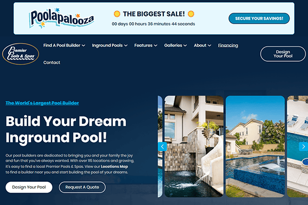 Screenshot of a pool builder website promoting a sale, with navigation links, a “Design Your Pool” button, and images of inground pools and backyards—perfect inspiration from the best pool builders online.