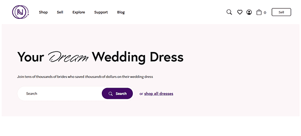 Elegant homepage featuring the headline "Your Dream Wedding Dress," a search bar, navigation links, and a call to shop wedding dresses—perfect for those seeking the best wedding websites or unique wedding website ideas.