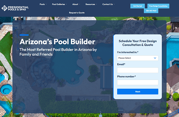 A website homepage for Presidential Pools & Spas featuring an aerial view of a backyard pool, exemplifying the best pool builders, and a form to schedule a free design consultation and quote.