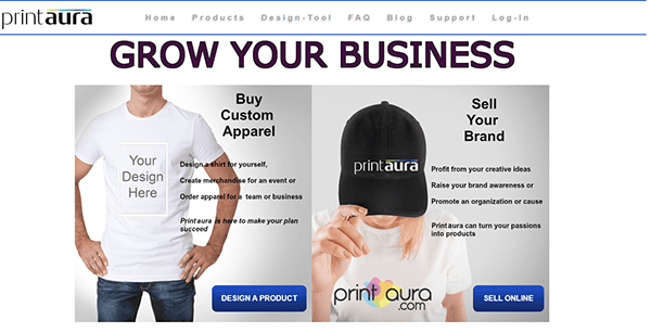 Screenshot of Print Aura’s website homepage featuring options to buy custom apparel or sell your brand, with models showcasing the Best T-Shirt Design and a cap—highlighting why it’s among top T-Shirt Design Websites.
