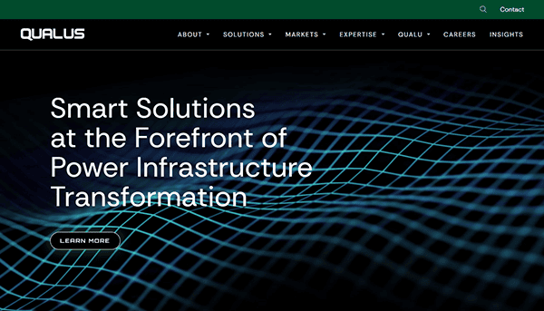 A website homepage featuring a grid design background. Text on the left states: "Smart Solutions at the Forefront of Power Infrastructure Transformation by Top Industrial Electricians." A green button invites you to "Learn More.
