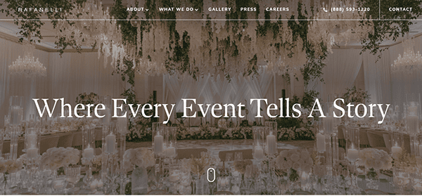 Elegant event venue with chandeliers, floral arrangements, and decorated tables, overlaid with “Where Every Event Tells A Story.” Perfect inspiration for wedding planner websites, with website navigation options at the top.