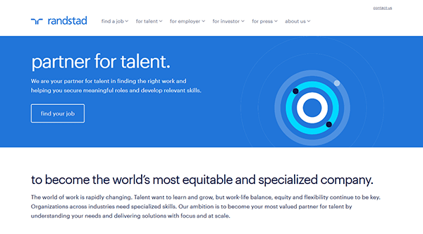 Screenshot of Randstad's homepage, one of the best recruiting websites, featuring a blue "partner for talent" banner and a "find your job" button. Below, text highlights the company’s mission and expertise in recruiting.