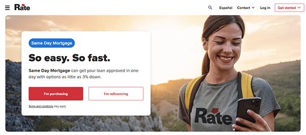 A smiling woman with a backpack looks at her phone. On the left, one of the best mortgage websites advertises "Same Day Mortgage" approval with options to purchase or refinance a home.