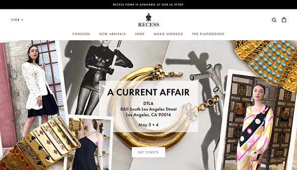 Website homepage for Recess, featuring event details for "A Current Affair" in Los Angeles, stunning vintage fashion jewelry and clothing images, plus navigation links for shopping and exploring new arrivals on one of the best vintage clothing websites.