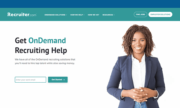 A woman in business attire stands smiling next to text promoting OnDemand recruiting help on one of the best recruiting websites, Recruiter.com.