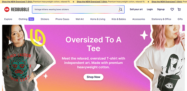 Two people model oversized graphic T-shirts against a purple and yellow gradient background with the text "Oversized To A Tee." Explore premium heavyweight cotton shirts inspired by the best T-shirt design websites.